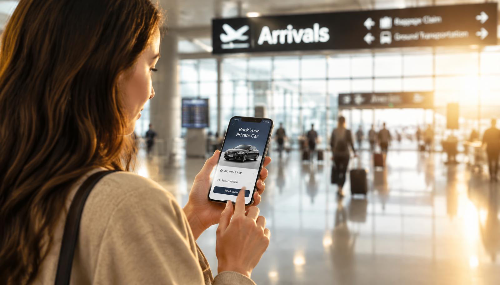 Cliente che prenota un'auto con conducente dallo smartphone in aeroporto